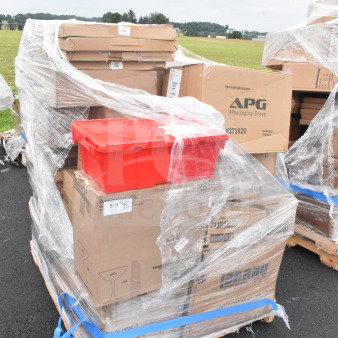 Pallet with 34 new scratch and dent items including glasses, pans, and plates; boxed and wrapped in plastic.