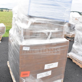 12 brand new scratch and dent items wrapped on a pallet, including a pitcher, pizza pans, and a barstool. Multipack sale.