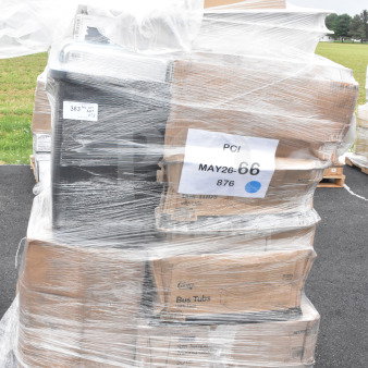 Shrink-wrapped pallet of 28 brand new scratch and dent items, including bus tubs, glasses, and a trash can. Label: "MAY26-66".