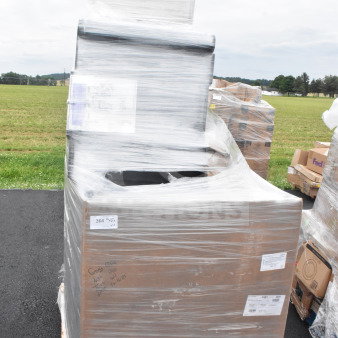 Plastic-wrapped pallet of brand new scratch and dent items, including sneeze guard and wash cart, labeled "364."