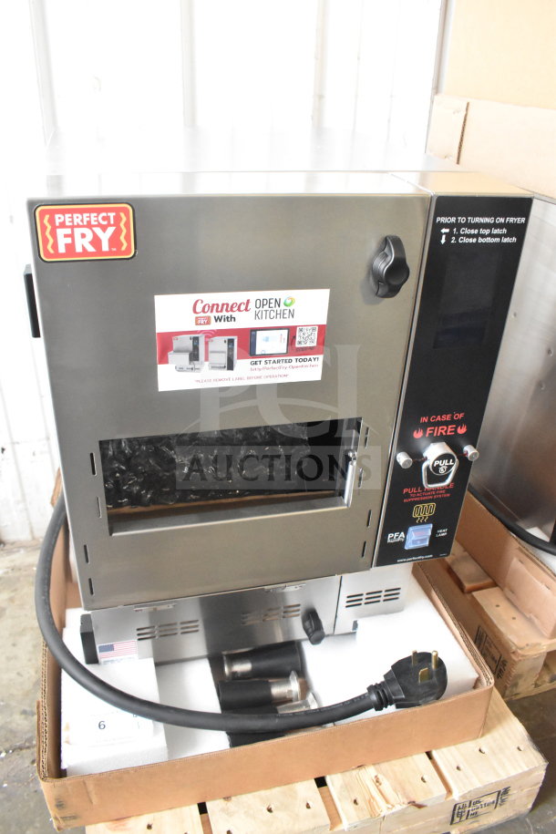 Brand new Perfect Fry PFC730 ventless countertop fryer, semi-automatic, 240V, 3-phase, showing scratch and dent marks.