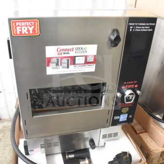 Brand new Perfect Fry PFC730 ventless countertop fryer, semi-automatic, 240V, 3-phase, showing scratch and dent marks.