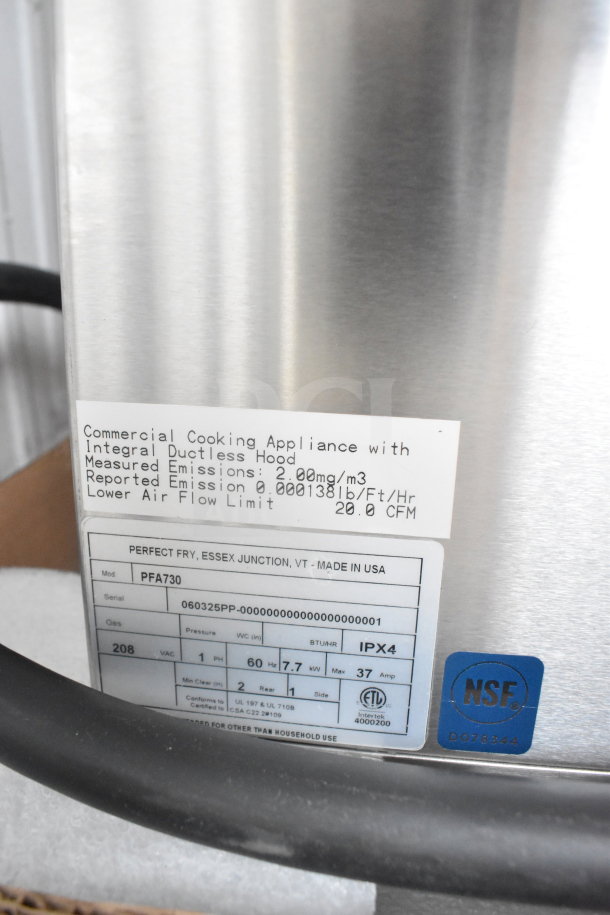 Brand new 2024 Perfect Fry PFC730 semi-automatic ventless countertop fryer with emissions label, 240V, 3 phase.