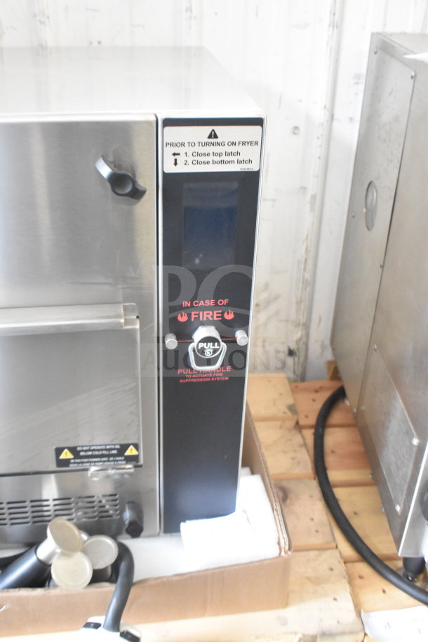Brand new Perfect Fry PFC730 ventless countertop fryer, semi-automatic, 208V, with fire suppression system controls.