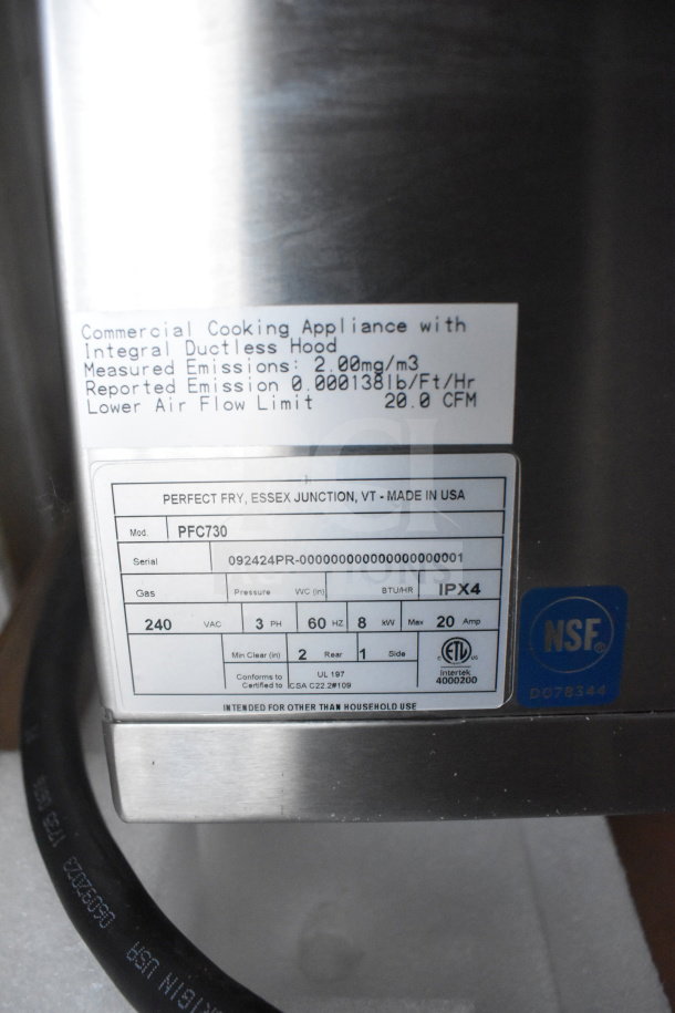 2024 Perfect Fry PFC730 Semi-Automatic Ventless Deep Fryer, 208V, 1 Phase, brand new, with tags showing model and specs.