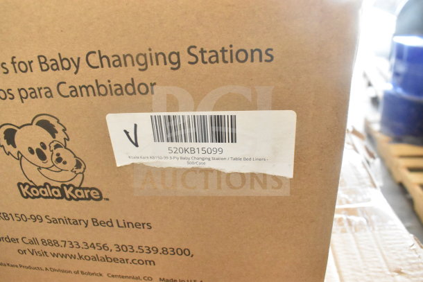 Koala Kare KB150-99 3-ply baby changing station bed liners, 500/case. Box with logo and barcode 520KB15099.