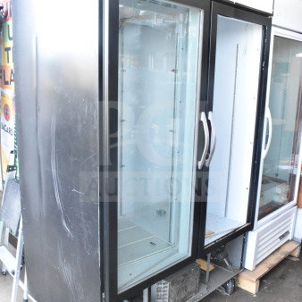 Beverage Air MMR49HC-1-B Commercial 2 Door Reach-In Cooler on casters, 115V, 1 Phase, glass doors, scratches on exterior.