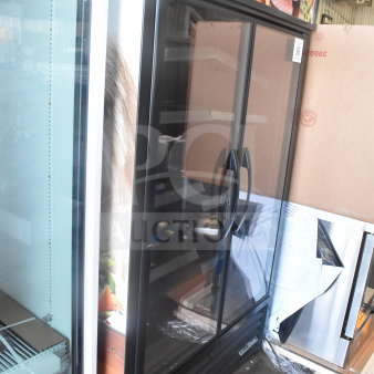 2022 True TVM-48SL-HC Commercial 2 Door Reach-In Cooler, black frame, glass doors, 115V, 1 phase, excellent condition.
