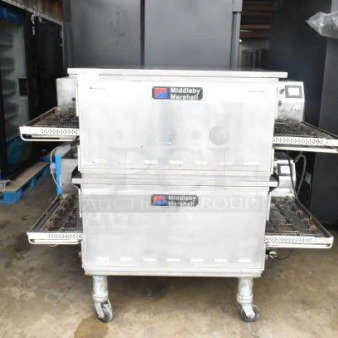 2021 Middleby Marshall PS638G stainless steel conveyor pizza ovens on casters. Tested, working, 89,000 BTU, natural gas.