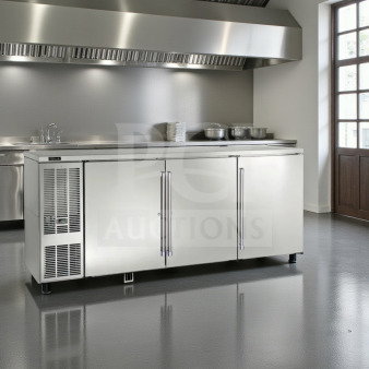 Perlick BBS84-SS-L-STK, 84" stainless steel back bar refrigerator, 3 swinging doors, 24.8 cu. ft., top-tier condition.