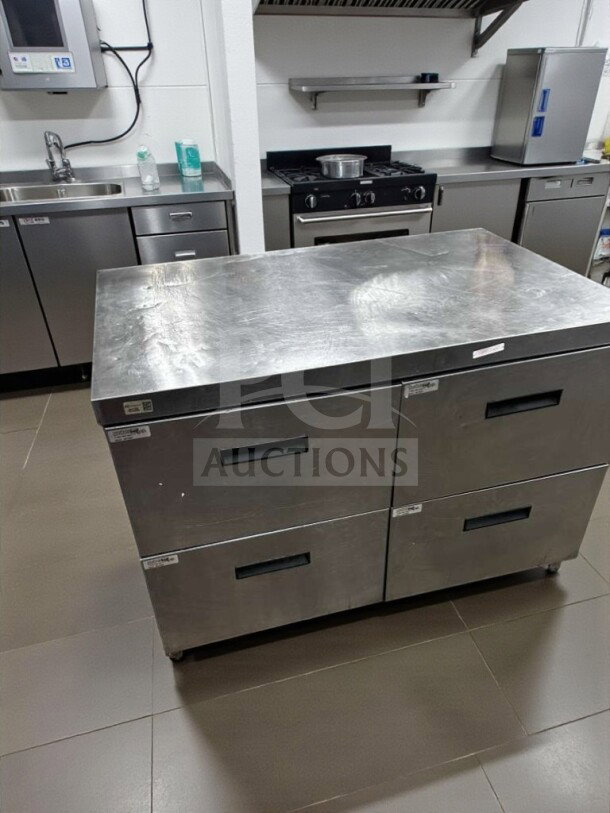 Delfield STD4460NP 60" stainless steel worktop refrigerator, 4 drawers, 18.3 cu. ft., tested, NSF listed, premium condition.