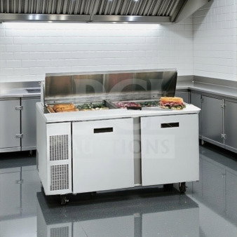 Randell 9040K-7 stainless steel 60" refrigerated prep table in excellent condition. Features salad top, 14.67 cu. ft. capacity, NSF/UL listed.