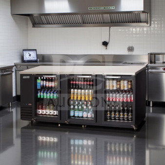 "Everest EBB90G commercial back bar refrigerator, 89 1/4", black, three glass doors, elite condition, ETL/NSF listed."