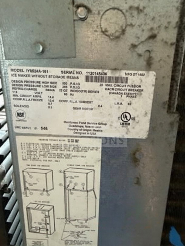 Manitowoc IY0524A-161 Ice Machine label showing model, serial number, NSF/UL certifications, and specifications.