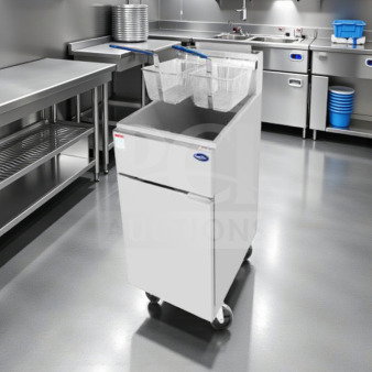 Brand new Atosa ATFS-40-NG 15" natural gas deep fryer with 40 lb capacity, 3 burners, 102,000 BTU, cETLus/ETL-listed.