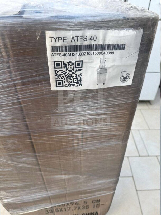 Brand new Atosa ATFS-40-NG deep fryer in packaging, 15" wide, 40 lb capacity, 3 burners, 102,000 BTU, cETLus/ETL-listed.