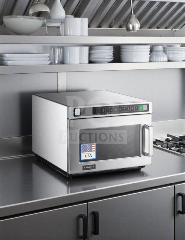 Amana HDC182 commercial microwave, heavy-duty stainless steel, push button controls, 0.6 cu. ft., 1800W, ETL listed, fully tested.
