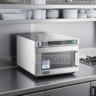 Amana HDC182 commercial microwave, heavy-duty stainless steel, push button controls, 0.6 cu. ft., 1800W, ETL listed, fully tested.
