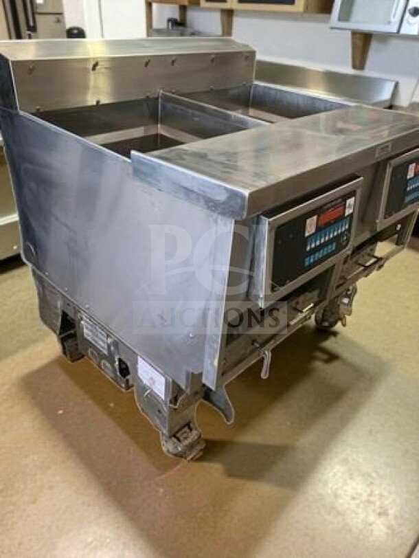 Ultrafryer Systems UltraGold 78" gas deep fryer, model B-P20-18-4-UC_NAT, with 4 fry tanks and UltraClear filtration.