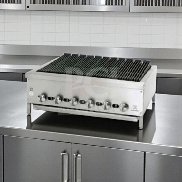 Prime condition Jade Range JB-36, 36" gas radiant charbroiler with cast iron grates, stainless steel stand. 90,000 BTU, NSF/CSA listed.