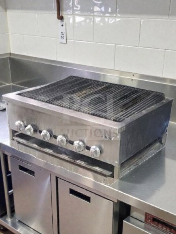 Jade Range JB-36 gas charbroiler with cast iron grates, stainless steel stand, 36" wide, 90,000 BTU, NSF/CSA listed.