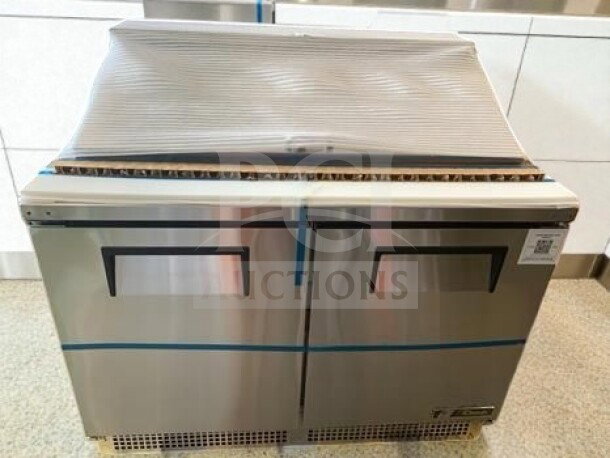 True TFP-48-18M-HC 48" mega top refrigerated salad prep table, brand new, 18-pan capacity, NSF/UL listed, fully tested.