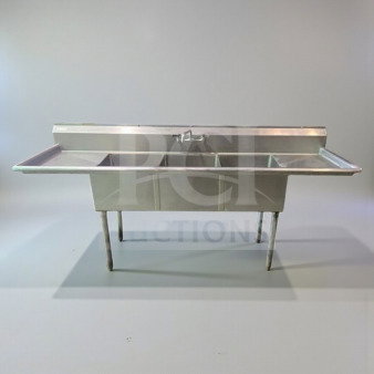 Stainless steel 3 compartment commercial sink with faucet, stainless steel legs, premium condition, inspected, unbranded.