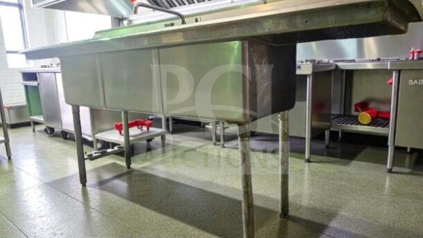 Stainless steel 3 compartment commercial sink with faucet, stainless legs, inspected, ready for use, unbranded.
