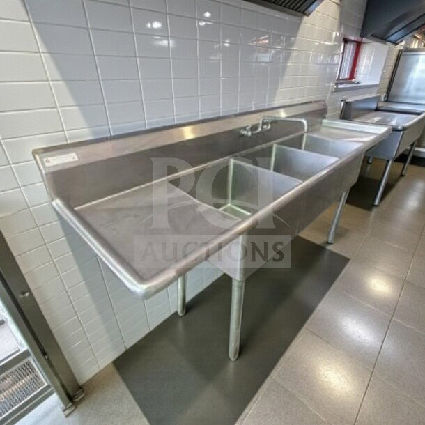 Stainless steel commercial 3 compartment sink with faucet, inspected and ready for use, unbranded, premium condition.
