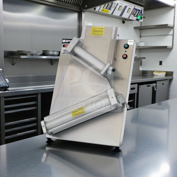 Brand new Doyon DL18DP countertop dough sheeter with dual angled rollers, sheeting up to 17". NSF/ETL listed. 120V.