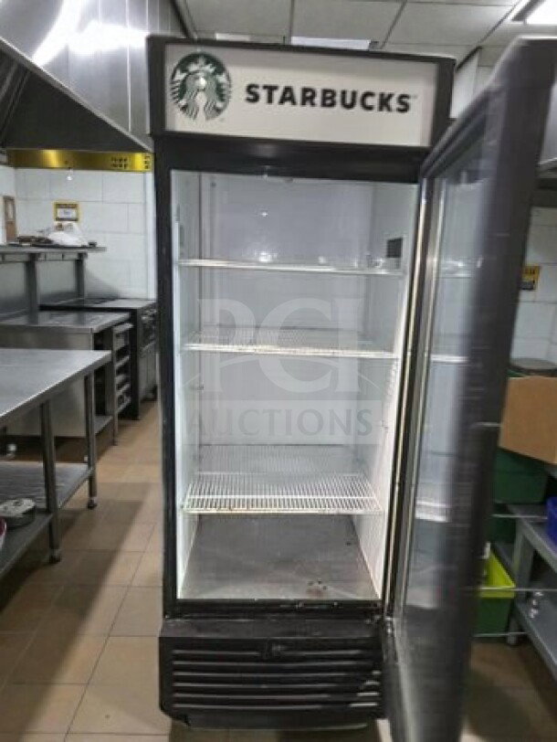 Starbucks branded IDW G-26CSI glass door beverage cooler, 23 cu. ft., superior condition, fully tested, ETL listed.