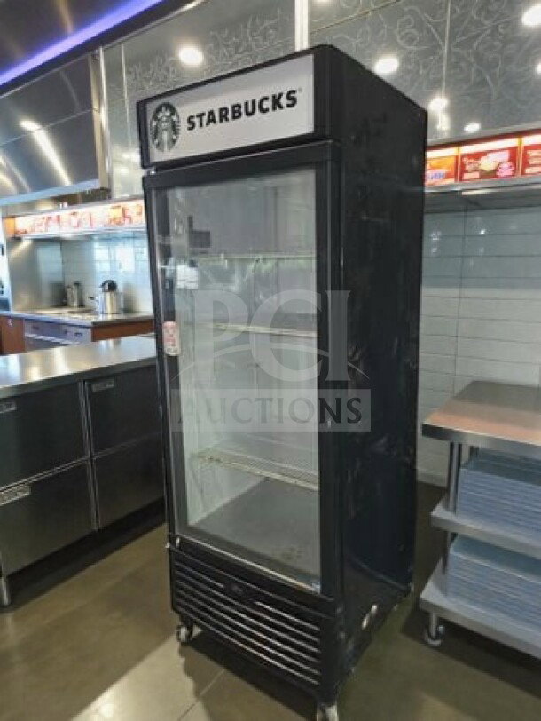 Innovative DisplayWorks IDW G-26CSI Starbucks branded glass door beverage cooler, 23 cu. ft., superior condition, ETL listed.