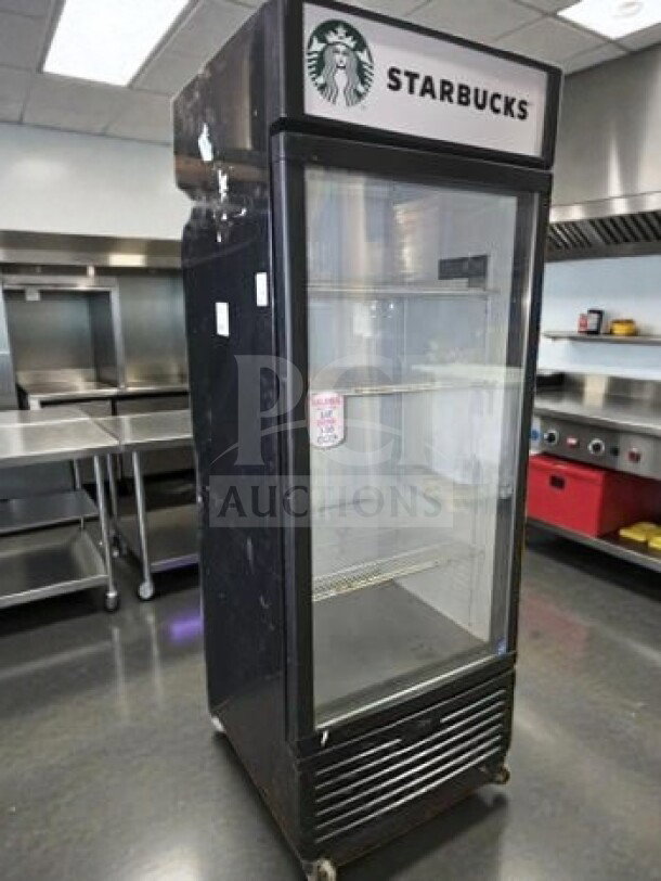 Starbucks branded IDW G-26CSI glass door beverage cooler, 23 cu. ft., superior condition, ETL listed, fully tested.