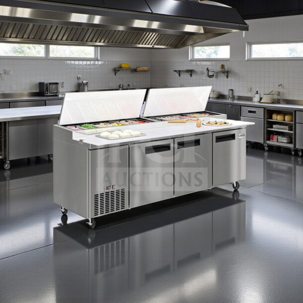 KoolMore KM-RPPS-3DSS 92" three-door commercial pizza prep refrigerator, stainless steel, with full-length cutting board, brand new.