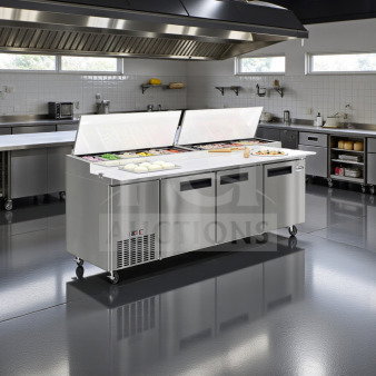 KoolMore KM-RPPS-3DSS 92" three-door commercial pizza prep refrigerator, stainless steel, with full-length cutting board, brand new.