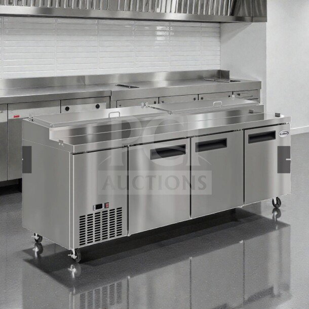 Brand new KoolMore KM-RPPS-3DSS, 92" stainless steel commercial pizza prep refrigerator with full-length cutting board, ETL listed.