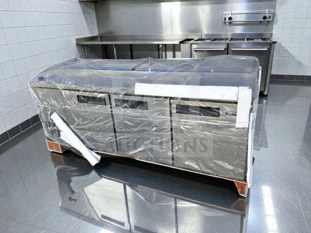 KoolMore KM-RPPS-3DSS 92" three-door pizza prep refrigerator in stainless steel, brand new with full-length cutting board.