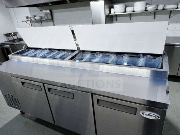 KoolMore KM-RPPS-3DSS 92" stainless steel commercial pizza prep refrigerator with three doors, full-length cutting board, brand new.
