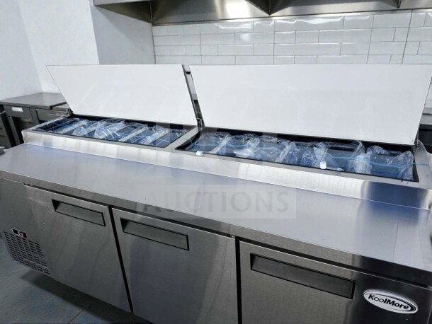 Brand new KoolMore KM-RPPS-3DSS, 92" stainless steel pizza prep fridge, three doors, full-length cutting board, ETL listed.