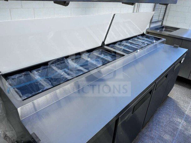 Brand new KoolMore KM-RPPS-3DSS 92" three-door commercial pizza prep refrigerator, stainless steel, with full-length cutting board.