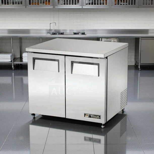 Brand new True TUC-36-HC, 36" undercounter refrigerator, two solid doors, 8.5 cu. ft., NSF/UL listed, stainless steel.