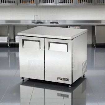 Brand new True TUC-36-HC, 36" undercounter refrigerator, two solid doors, 8.5 cu. ft., NSF/UL listed, stainless steel.
