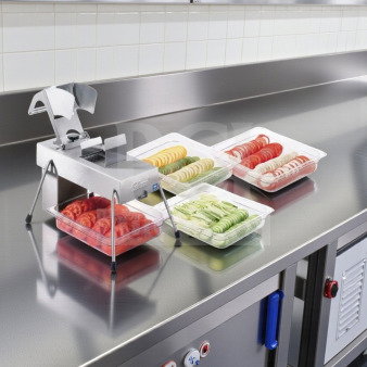 Edlund Series 350 electric produce slicer, stainless steel and aluminum, NSF listed, 115V, fully operational, slicing tomatoes.