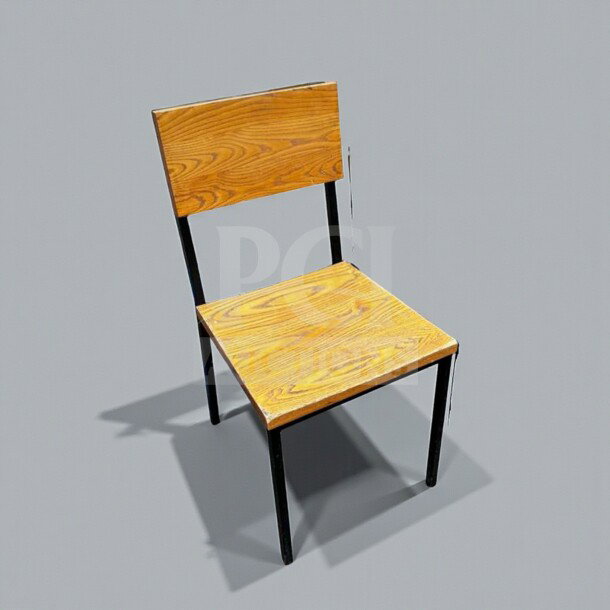 Set of 8 wood and metal dining chairs, well-maintained, with wood seat and backrest, black metal frame, inspected and ready for use.