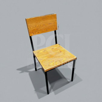 Set of 8 wood and metal dining chairs, well-maintained, with wood seat and backrest, black metal frame, inspected and ready for use.