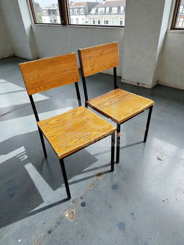 Set of 8 wood and metal dining chairs with wood seats and backrests, black metal frames, fully inspected, ready for use.