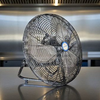 Commercial 18" high-velocity floor fan with black metal frame, model DF18. UL listed, 120V, fully inspected and operational.