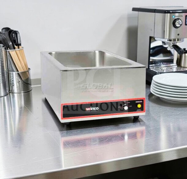 Winco FW-S500 stainless steel countertop food warmer in excellent condition, tested and working, 120V, 1 Phase.