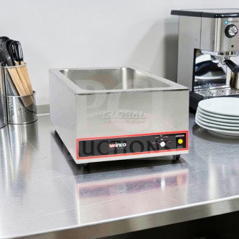 Winco FW-S500 stainless steel countertop food warmer in excellent condition, tested and working, 120V, 1 Phase.