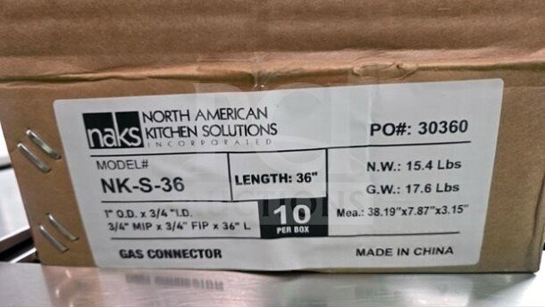 Box of 10 NAKS NK-S-36 gas connector hoses, 36-inch length, 3/4" MIP × 3/4" FIP, fully tested, by North American Kitchen Solutions.